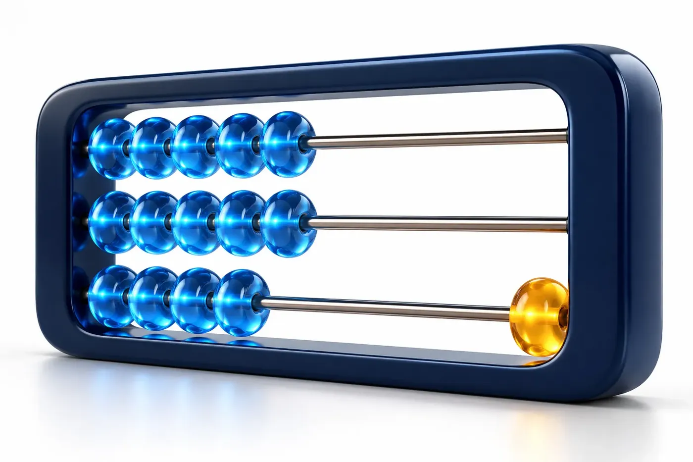 A modern navy abacus with blue glass beads glowing from within and one amber bead moved to the end of its rail