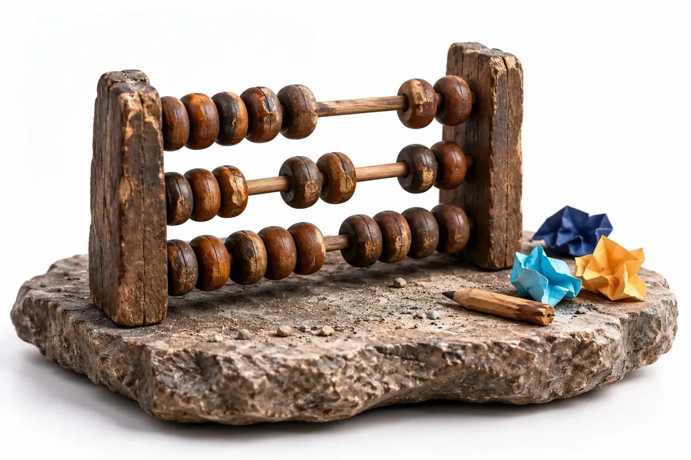 A worn wooden abacus on a stone slab with crumpled notes and a pencil stub