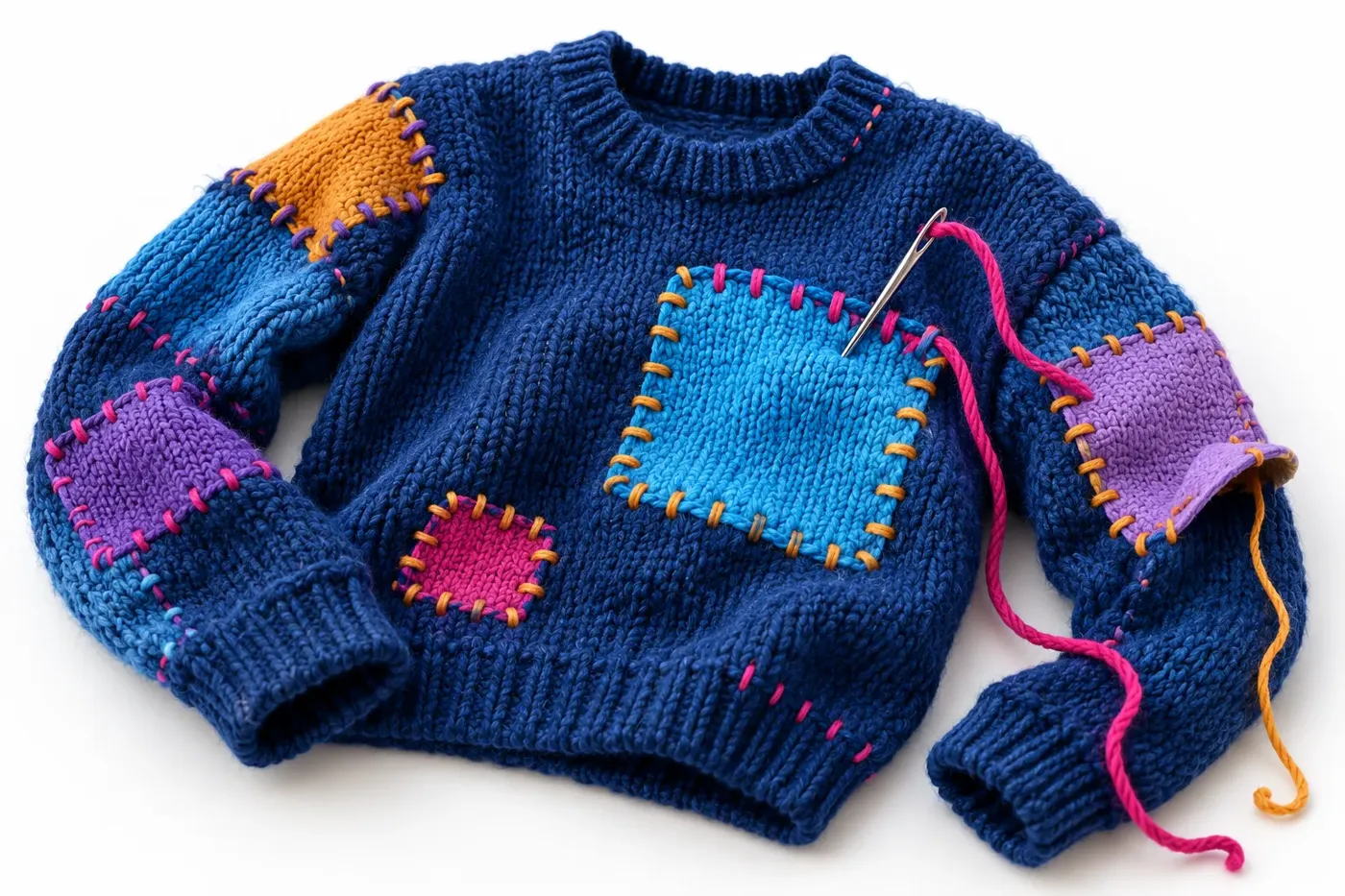 An old blue sweater held together with mismatched patches, a darning needle mid-stitch and a loose pink thread